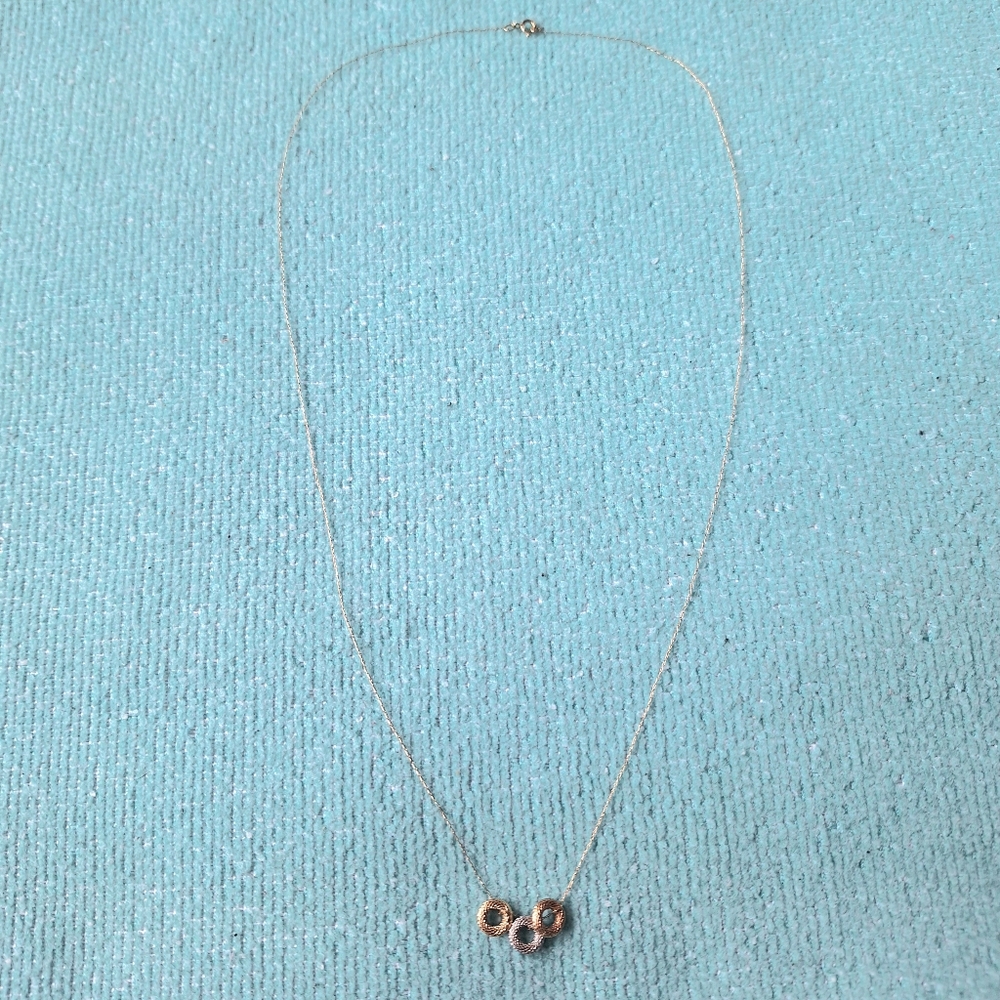 14K Tricolor White, Rose, Yellow Gold Donut Circles Solid Gold Dainty Necklace - Picture 2 of 5